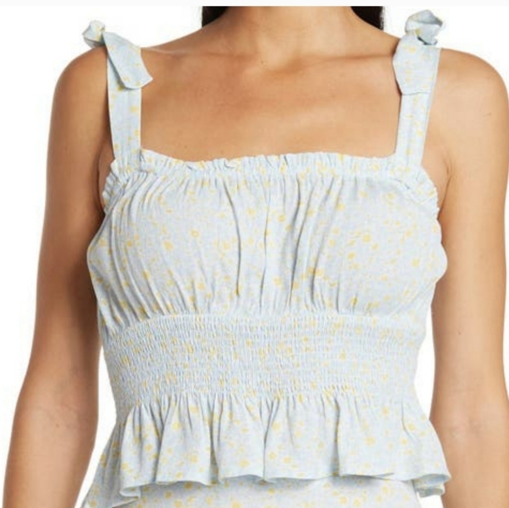 Elodie Cottagecore Tie Shoulder Smocked Peplum Crop Top Blue Floral L